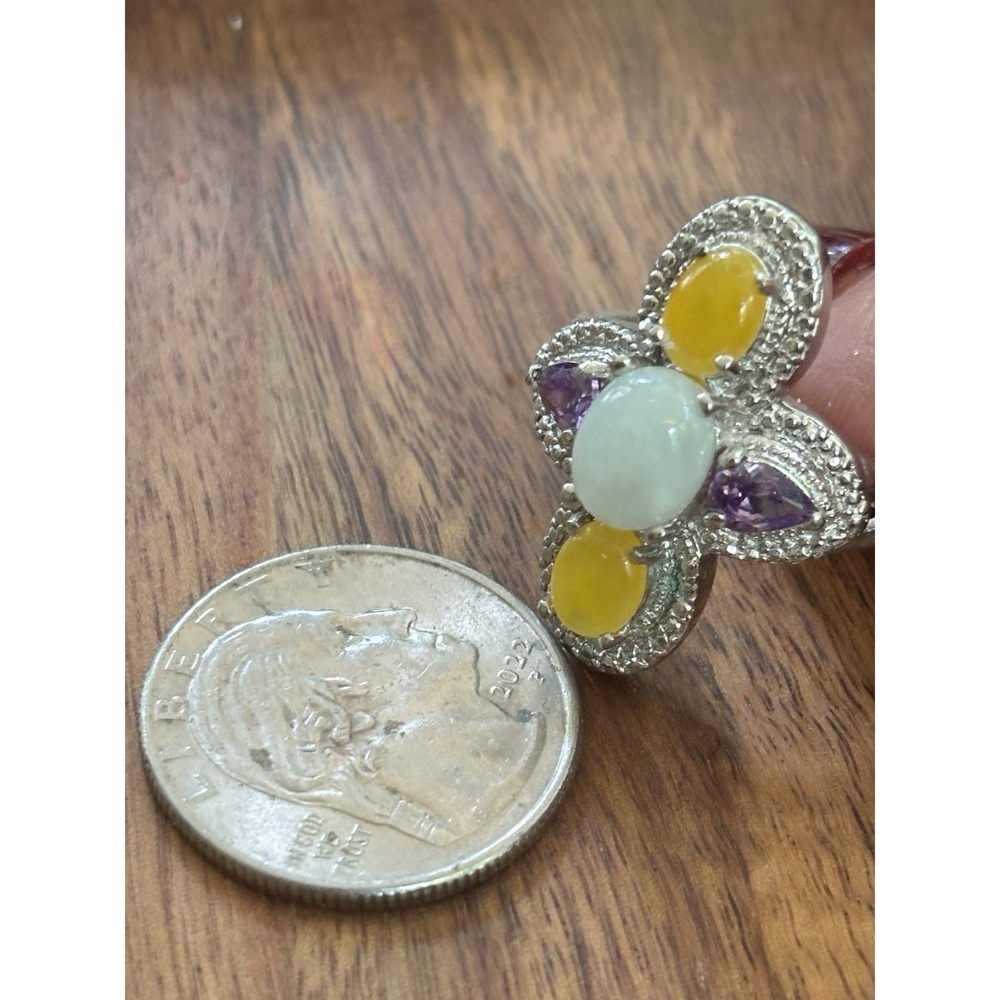 Sterling Silver Amethyst Jade Moonstone Cocktail Statement Ring Size 10 - Picture 11 of 11